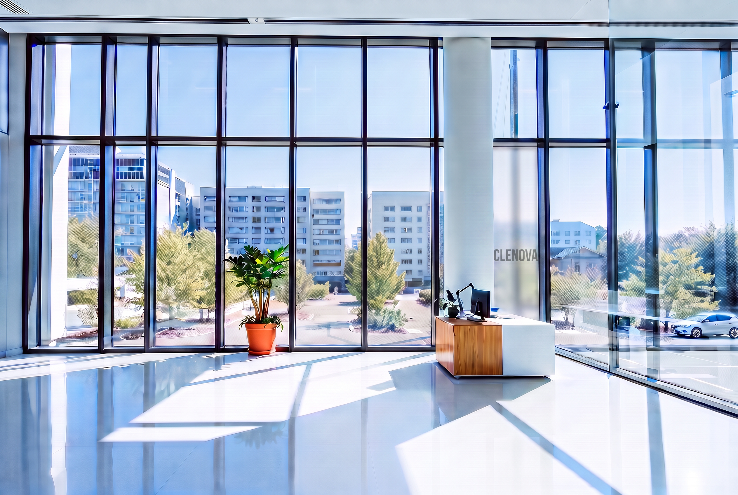 Sauberes modernes Büro mit großen Glasfenstern